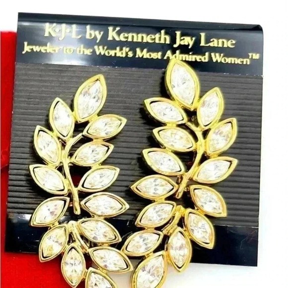 Kenneth Jay Lane Gold Clear Crystal Leaf Rhinestone Clip-On Earrings - Picture 2 of 8